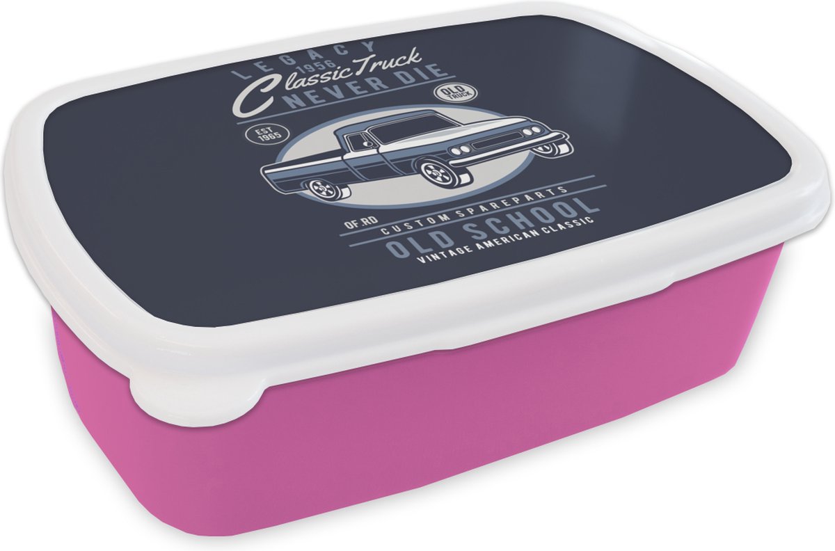 Broodtrommel Roze - Lunchbox - Brooddoos - Auto's - Blauw - Retro - 18x12x6 cm - Kinderen - Meisje