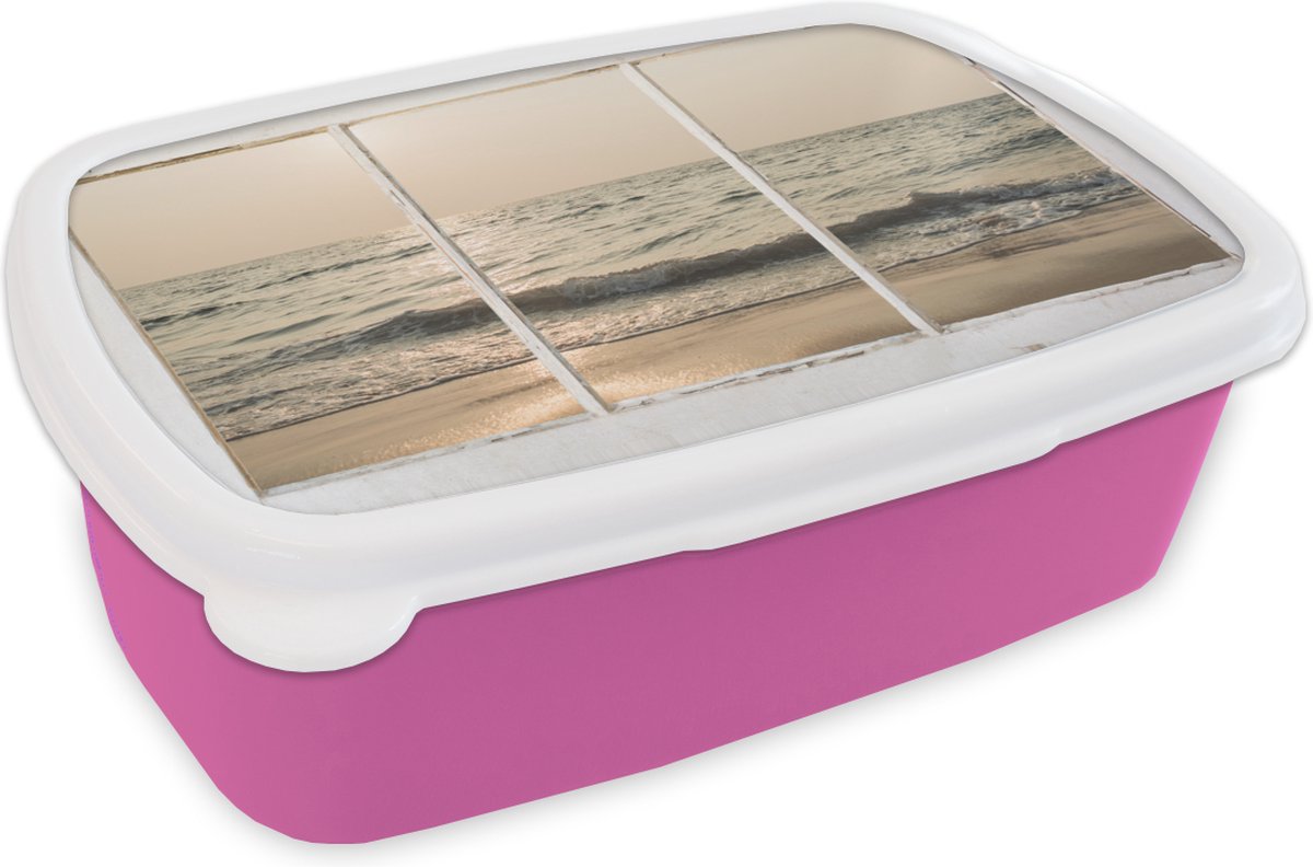 Broodtrommel Roze - Lunchbox - Brooddoos - Doorkijk - Strand - Zee - 18x12x6 cm - Kinderen - Meisje