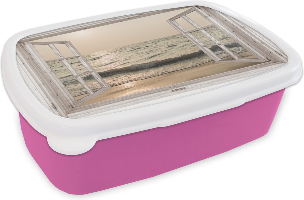 Broodtrommel Roze - Lunchbox - Brooddoos - Doorkijk - Zee - Strand - 18x12x6 cm - Kinderen - Meisje