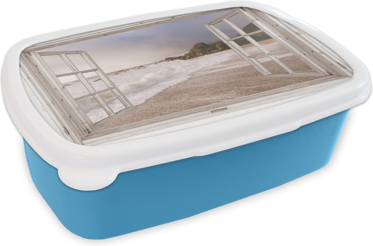 Broodtrommel Blauw - Lunchbox - Brooddoos - Doorkijk - Strand - Zee - 18x12x6 cm - Kinderen - Jongen