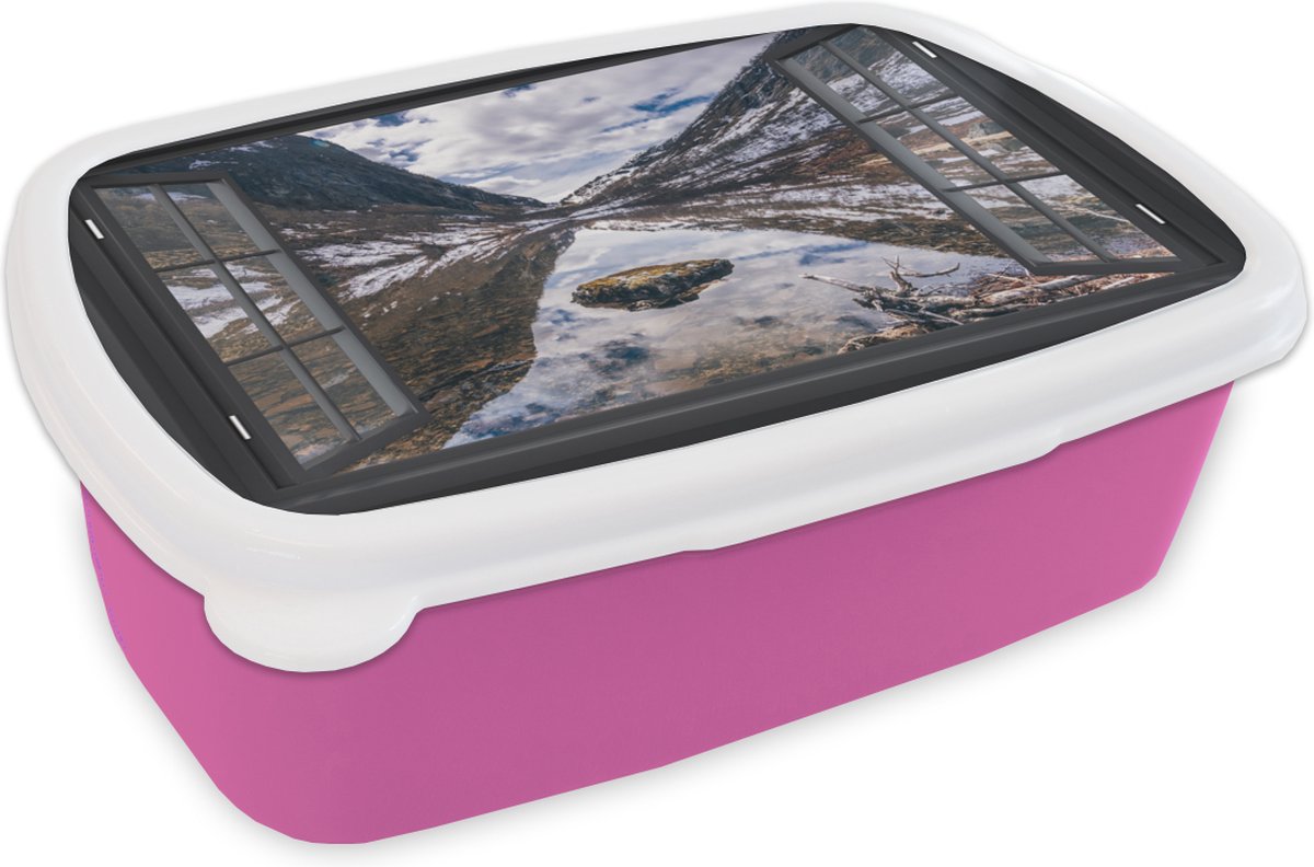 Broodtrommel Roze - Lunchbox - Brooddoos - Doorkijk - Bergen - Water - 18x12x6 cm - Kinderen - Meisje