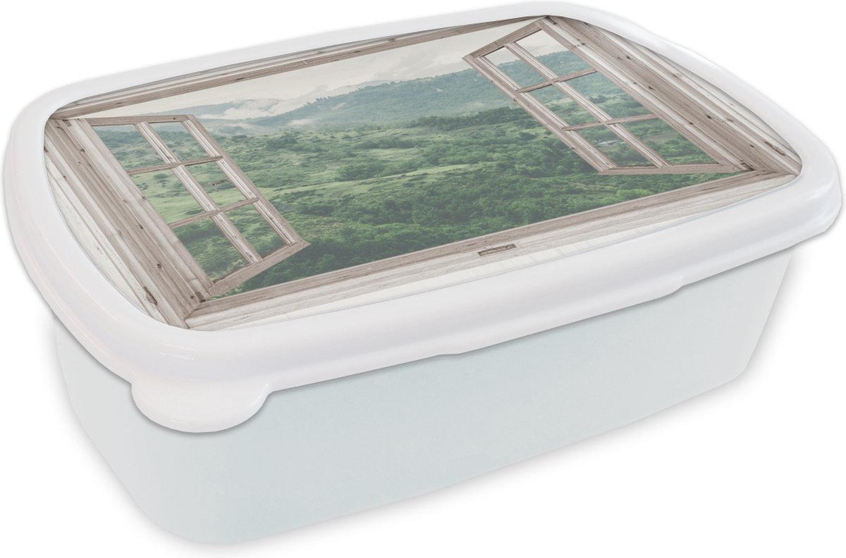 Broodtrommel Wit - Lunchbox - Brooddoos - Doorkijk - Berg - Hout - 18x12x6 cm - Volwassenen