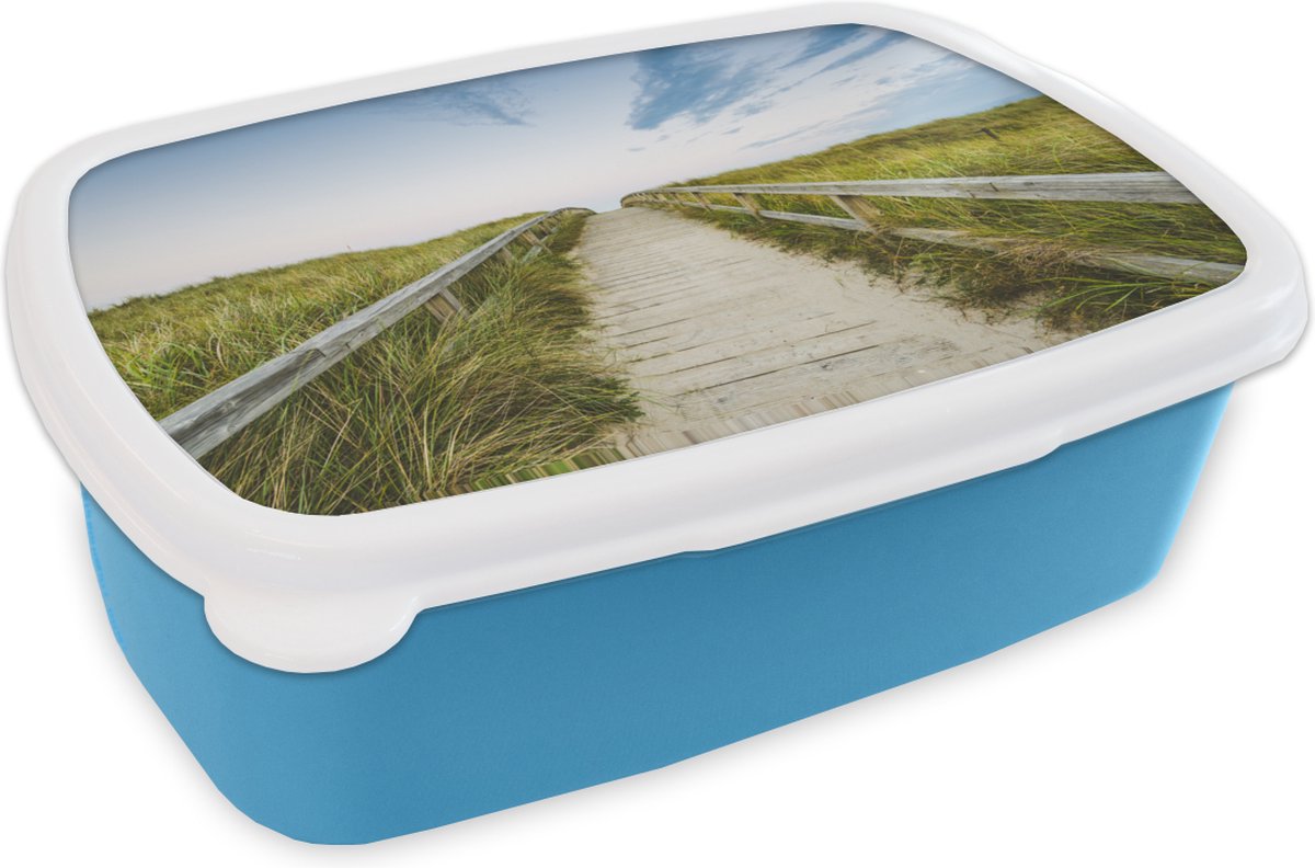 Broodtrommel Blauw - Lunchbox - Brooddoos - Strand - Pad - Lucht - 18x12x6 cm - Kinderen - Jongen