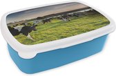 Broodtrommel Blauw - Lunchbox - Brooddoos - Koe - Gras - Zonsondergang - 18x12x6 cm - Kinderen - Jongen