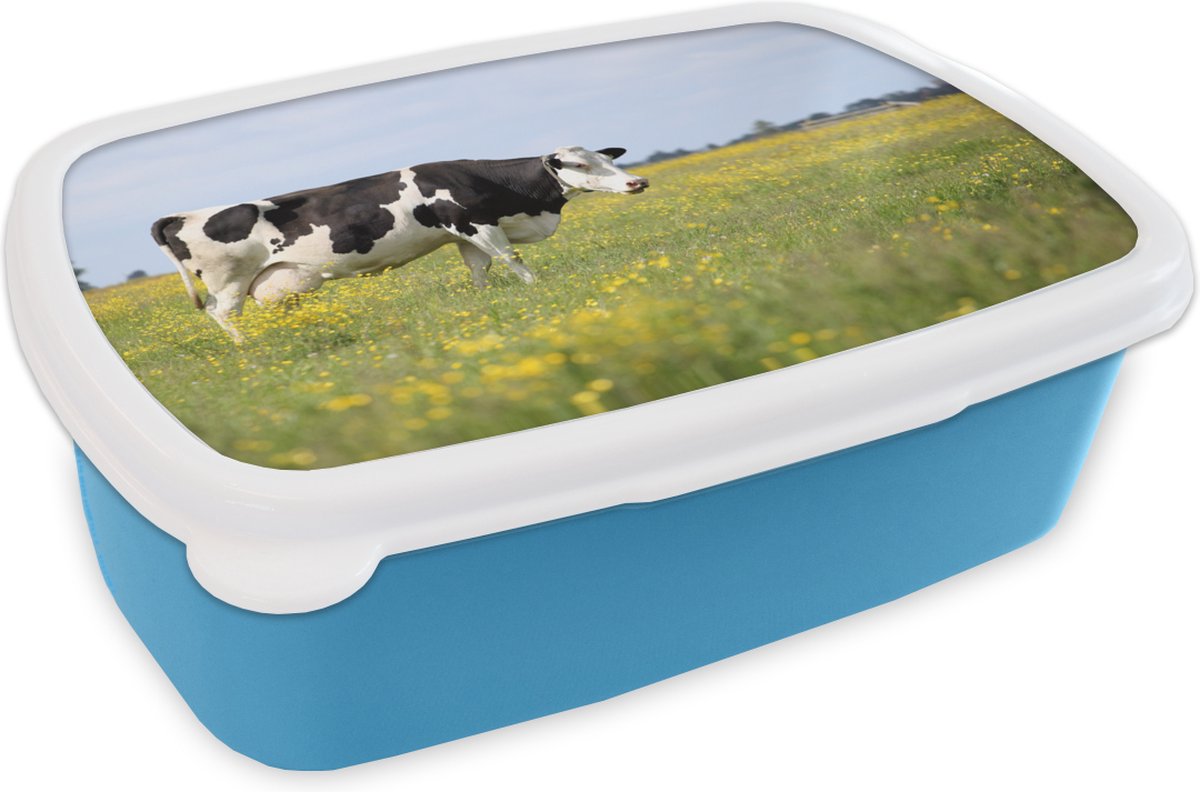 Broodtrommel Blauw - Lunchbox - Brooddoos - Koe - Gras - Bloemen - 18x12x6 cm - Kinderen - Jongen