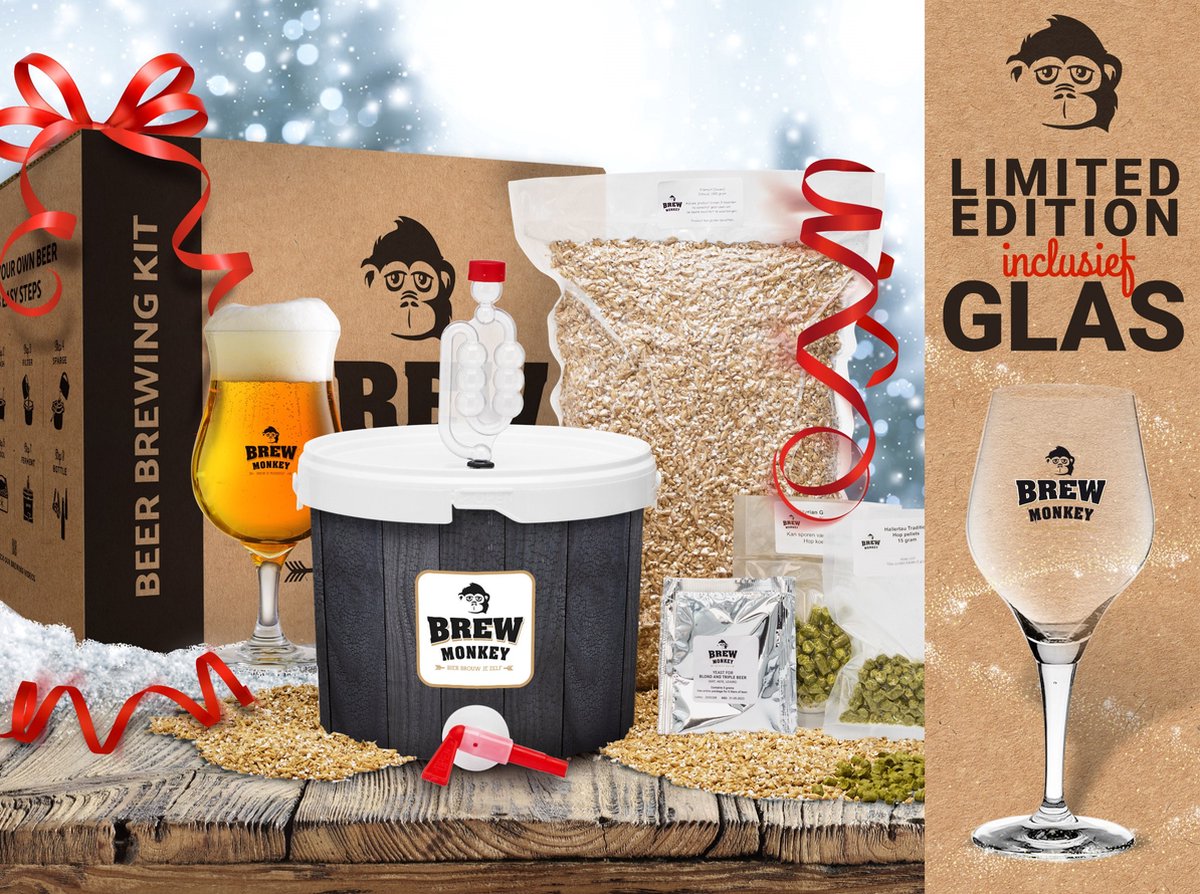 Brew Monkey Basis Tripel Cadeaupakket - Bierbrouwpakket - Inclusief Brew Monkey bierglas - Zelf Bier Brouwen - Origineel Cadeau Voor Hem - Kerstpakket - Kerstpakketten - Kerstcadeau