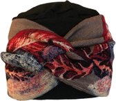 Chemo muts dames van Softies - Cap zwart met tulband taupe bladmotief, 2 in 1