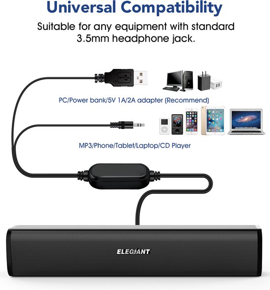 ELEGIANT SR050 PC Speaker - Bluetooth draadloze Soundbar - voor slimme telefoon / desktop computers / smart-tvs / projector apparatuur - Zwart