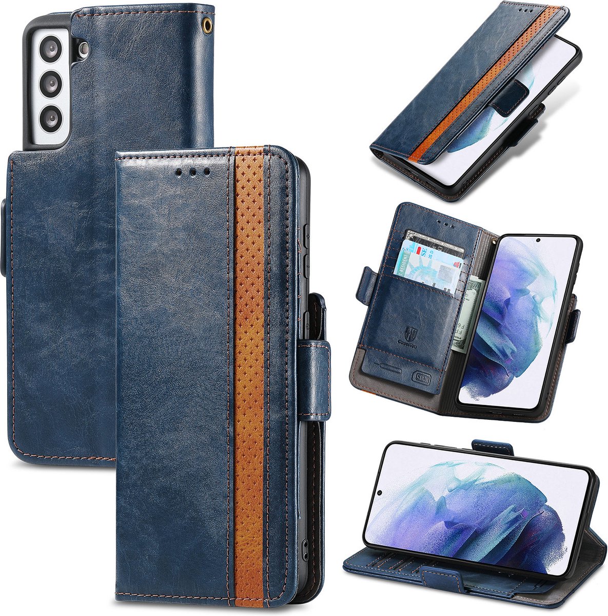 Stijlvol Tweekleurig PU-leer Wallet Flip Case voor Galaxy S21 5G _ Blauw