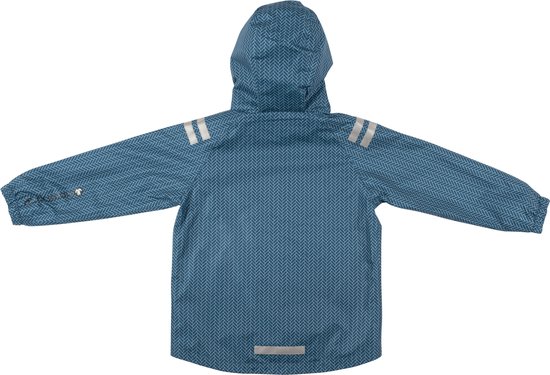Blauw regenpak met visgraatpatroon, capuchon, reflecterende strepen op de mouwen en een reflecterende streep onderaan.