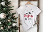 Lykke | Oh Deer Christmas is Here T-Shirt |Mannen - Vrouwen - Unisex | Katoen | Wit | Maat L