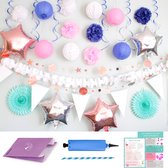 Pop the bottles - Feestbox Sparkling Pastel & Royal Blue - Luxe thema feest versiering inclusief ballonpomp - Party box - Wit pastel zilver rose goud - Folie ballonnen, slingers, l