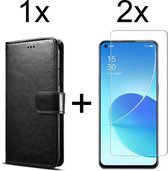 Oppo Reno 6 5G hoesje bookcase met pasjeshouder zwart wallet portemonnee book case cover - 2x Oppo Reno 6 5G screenprotector