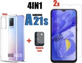 2pcs Samsung Galaxy A21S Screenprotector Glas + 1x camera lens screen protector + Hoesje Shock Proof Siliconen Hoes Case Cover Transparant , Tempered Glass, Glass, Beschermglas, Gl