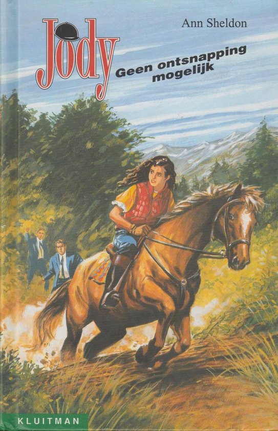 Meisje op een bruin paard, met twee mannen die achter haar aan rennen. Titel: Jody - Geen ontsnapping mogelijk.