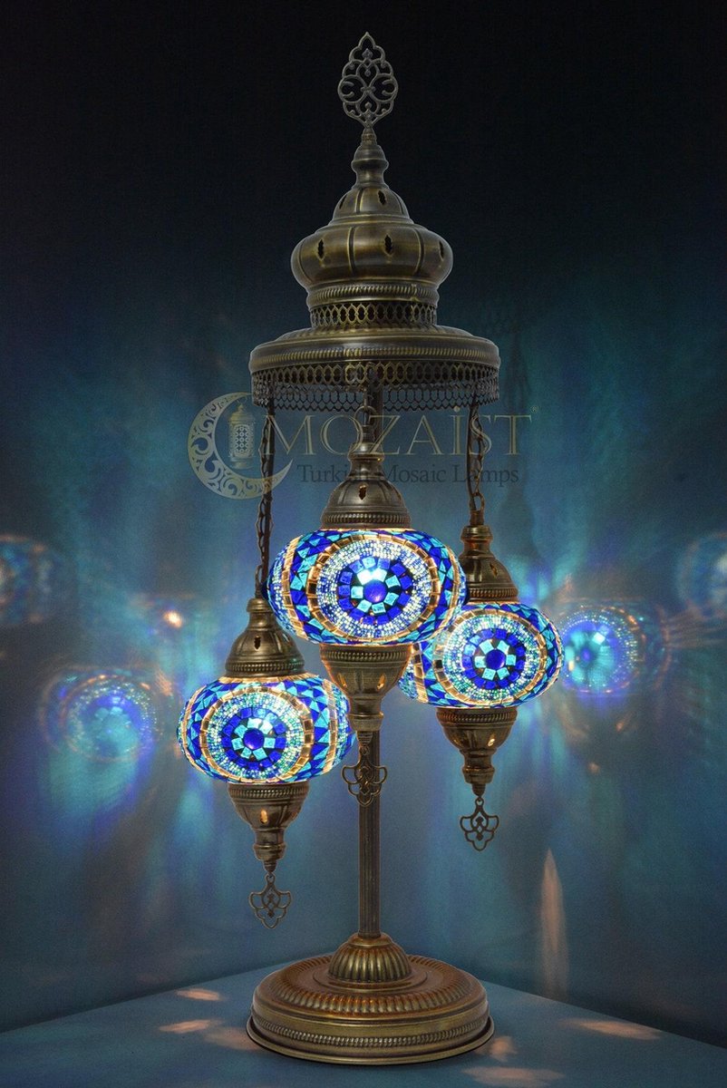 Turkse tafellamp 3 glazen bollen Oosterse staandelamp beige & blauw mozaïek