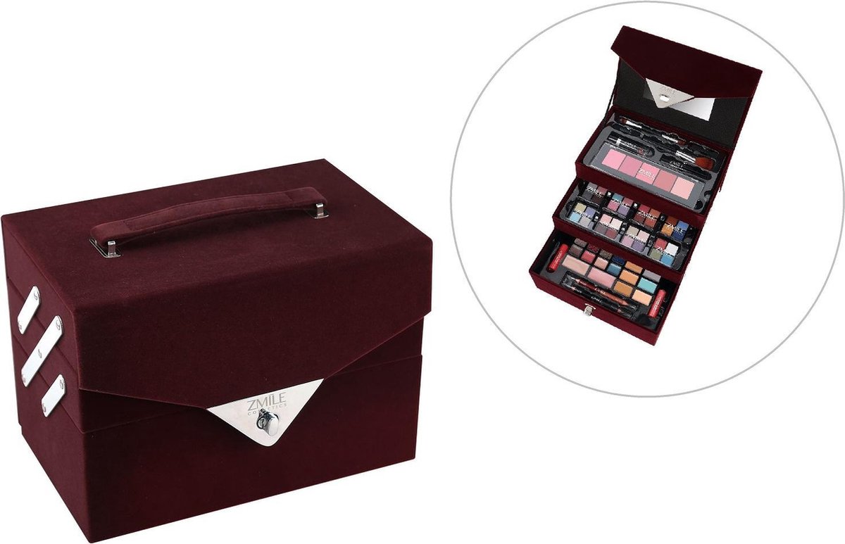 AANBIEDING! 74 delig make-up koffer met geïntegreerde spiegel, in fluweel look