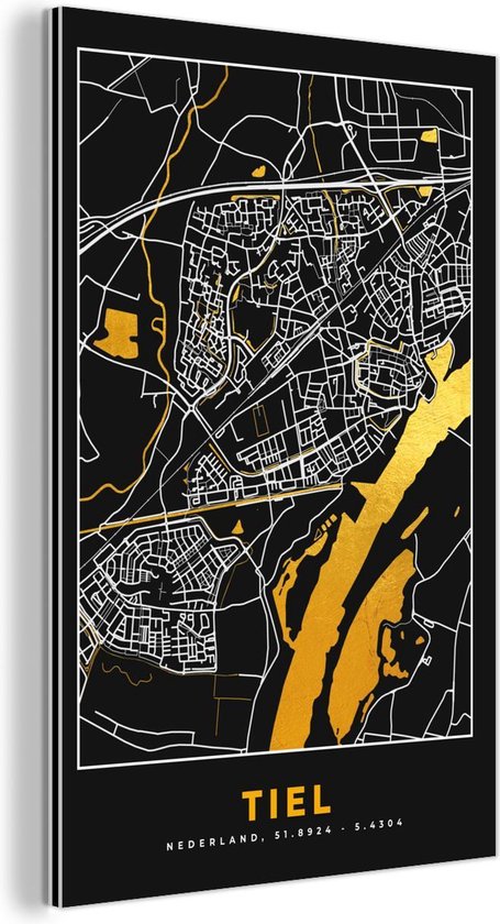 Wanddecoratie Metaal - Aluminium Schilderij - Plattegrond - Tiel - Goud - Zwart