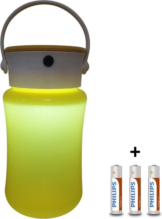 Campinglamp LED - tafellamp - tentlamp - inclusief batterijen – siliconen - met ophangbeugel - 3 functies - Geel - tafellantaarn - tafellamp op batterijen