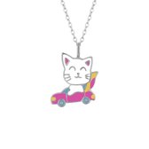 Ketting kinderen | Zilveren ketting met hanger, witte kat in auto