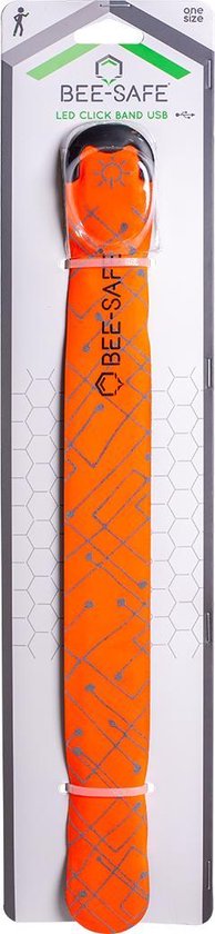 BEE-SAFE LED Click Band USB, oranje met grijs netpatroon, in verpakking.