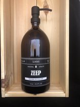 Zeepdispenser | Zeeppompje | Zeep | amber glas | 1ltr | Vintage label | Mat zwart metaal pomp | Glas