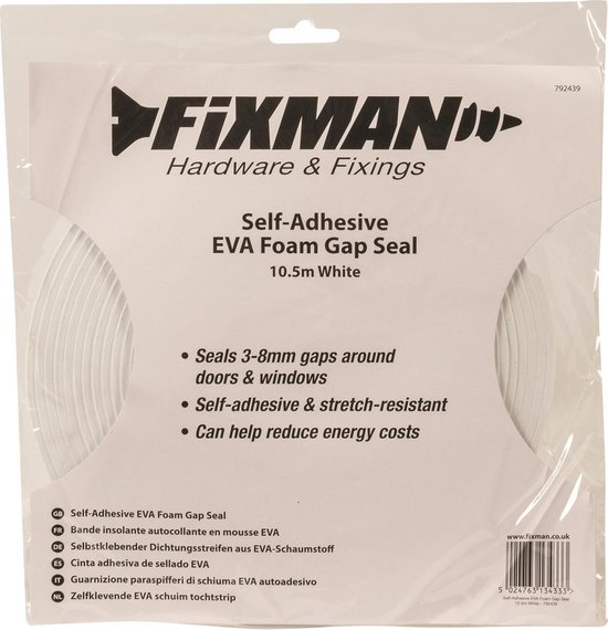 FIXMAN Selbstklebender Dichtungsstreifen aus EVA-Schaumstoff 3–8 mm/10,5 m FIXMAN Selbstklebender Dichtungsstreifen aus EVA-Schaumstoff 3–8 mm/10,5 m