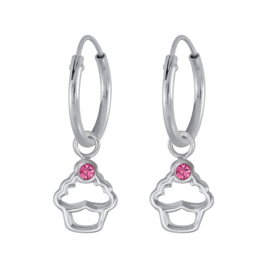 Joy|S - Zilveren cupcake bedel oorbellen - roze kristal - oorringen