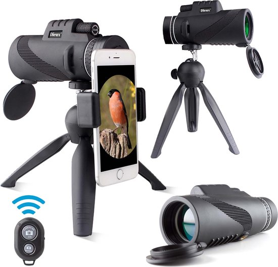 Dieux® - Monokijker met Statief en Smartphone Houder - Monoculair Verrekijker - 10x42 - Spotting Scope - Vogelkijker - Compact – Draagbaar – Waterdicht – Afstandsbediening - Bluetooth - Fotografie – Filmen