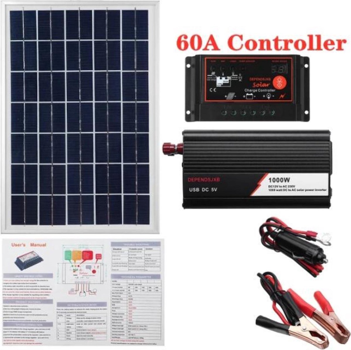 Sunz® Zonnepaneel Systeem 12V/24V Omvormer Set 60A met Accu
