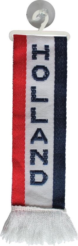 Mini sjaaltje met de tekst HOLLAND in donkerblauwe letters op een rood-wit-blauw gestreepte achtergrond met franjes.