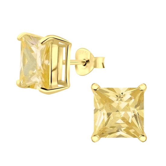 Joy|S - Zilveren vierkant oorbellen - 8 mm - zirkonia champagne geel - 14k goudplating