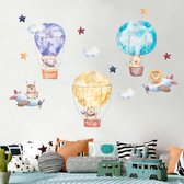 Muursticker Luchtballonnen Vliegtuigen Met Hert Kat Olifant Wolken En Sterren | 135 x 100 cm | Duurzaam product | Wanddecoratie | Muurdecoratie | Kinderkamer | Babykamer | Decoratie Sticker