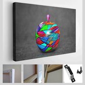 Decoratieve houten appel op een donkere abstracte achtergrond, geschilderde kleuren. onderwerp handgemaakt - Modern Art Canvas - Horizontaal - 394643119