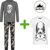 Fortnite Pyjama + T-shirt - 100% katoen | Populaire game | Kleur Wit/Grijs - Maat 152cm / 12 Jaar