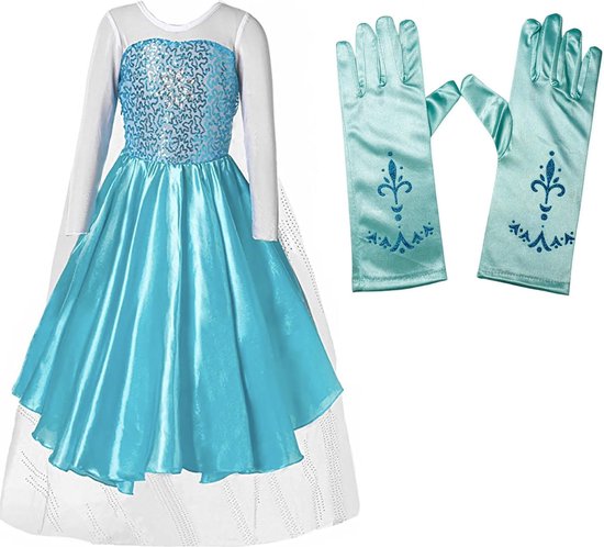 Prinsessenjurk meisje - Elsa jurk - Prinsessen Verkleedkleding - Handschoenen - Prinsessen