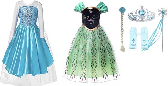 Frozen Elsa jurk met sleep + Anna jurk maat 116/122 (130) + Tiara - Verkleedkleren Meisje - Carnavalskleding