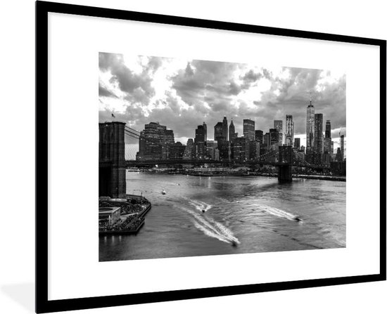 Fotolijst incl. Poster - New York - Brooklyn - Bridge - Zwart - Wit - 90x60 cm - Posterlijst