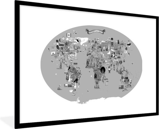 Posters Zwart Wit - Een cartoonillustratie van een kaart van de wereld