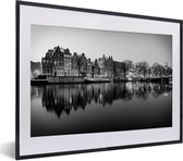 Fotolijst incl. Poster Zwart Wit- Zonsopgang grachten Amsterdam - zwart wit - 40x30 cm - Posterlijst