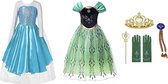 6-pack - Prinsessenjurk meisje - Elsa jurk + Anna jurk maat 110(120) + Tiara + Toverstaf - Verkleedkleren Meisje - Carnavalskleding - Elsa kleed