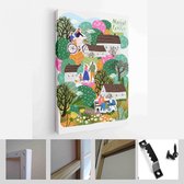 Natuur, landschap, familie en mensen. Vectorillustratie van een huis, meer, veld, uitzicht, dorp, boom en bloemen - Modern Art Canvas - Verticaal - 1898633704