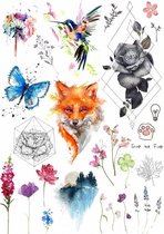 Tijdelijke tattoo - tattoo nep - aquarel - gekleurd - 20 stuks - vos - vogel - bloem - vlinder - nep tatoeage