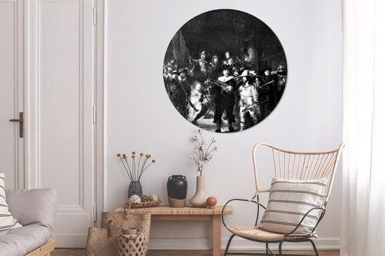 WallCircle® Wandcirkel 150x150 cm - Muurcirkel De Nachtwacht - Schilderij van Rembrandt van Rijn - zwart wit - Muurdecoratie woonkamer - Wanddecoratie slaapkamer - Kamer decoratie accessoires - Ronde schilderijen