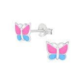Joy|S - Zilveren vlinder oorbellen - 7 x 6 mm - glitter roze blauw