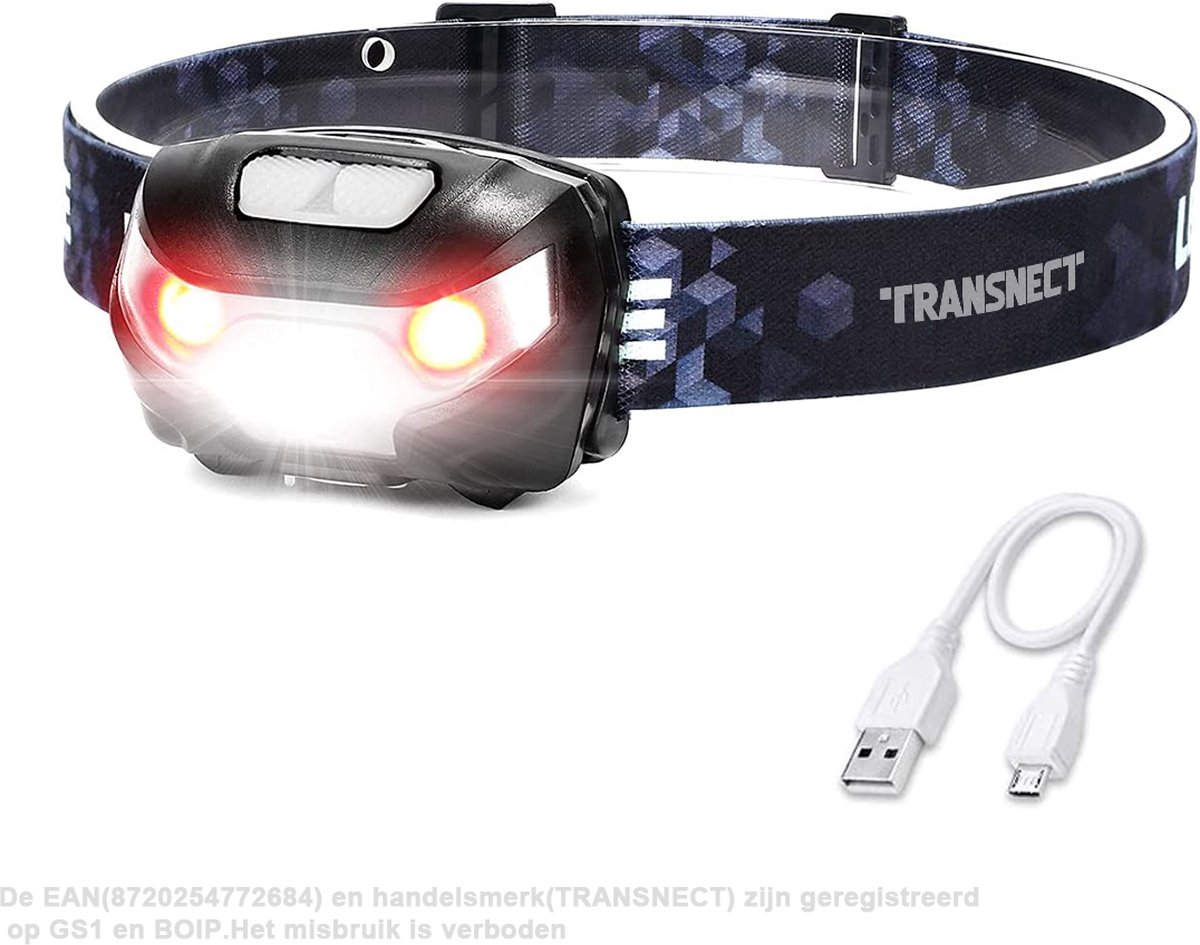 Transnect - Hoofdlamp LED Oplaadbaar - 150 Lumen – 30h - Inclusief Batterij - Waterdicht - voor Camping, Wandelen met Hond, Noodgeval - TRANSNECT
