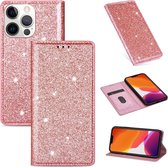 Apple iPhone 13 Glitter Bookcase | Hoogwaardig PU Leren Telefoonhoesje | Pasjeshouder | Licht Roze