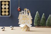 3D Pop up goud wit kerstkaart met sneeuwvlokken en kerstboom incl. enveloppen en 8 feestelijke sluitzegels