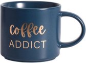 Coffee Lover Mok "Coffee Addict" donkerblauw met écht goud - kerst - moederdag cadeautje - secretaressedag - vriendin - koffie - thee - servies