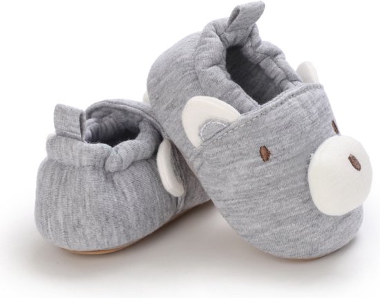 1 paire de jolies Chaussons de bébé ours Grijs | Semelle antidérapante | 100% coton | Garçons et filles | 6-12 mois
